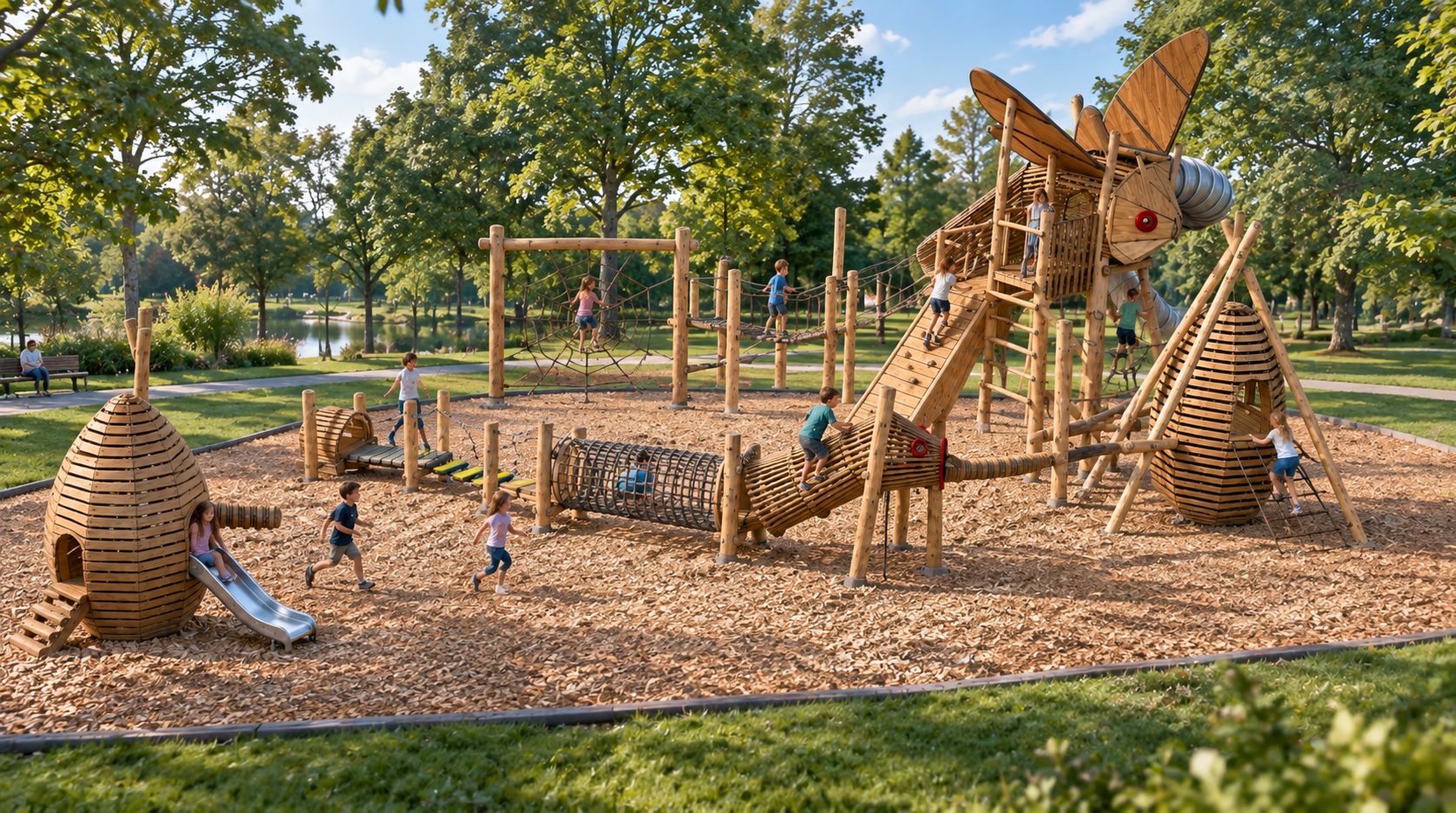 Visualisierung des Spielplatzes Schrickgasse mit Bienenkörben, Kletterstrecke und Hummel-Kletterturm