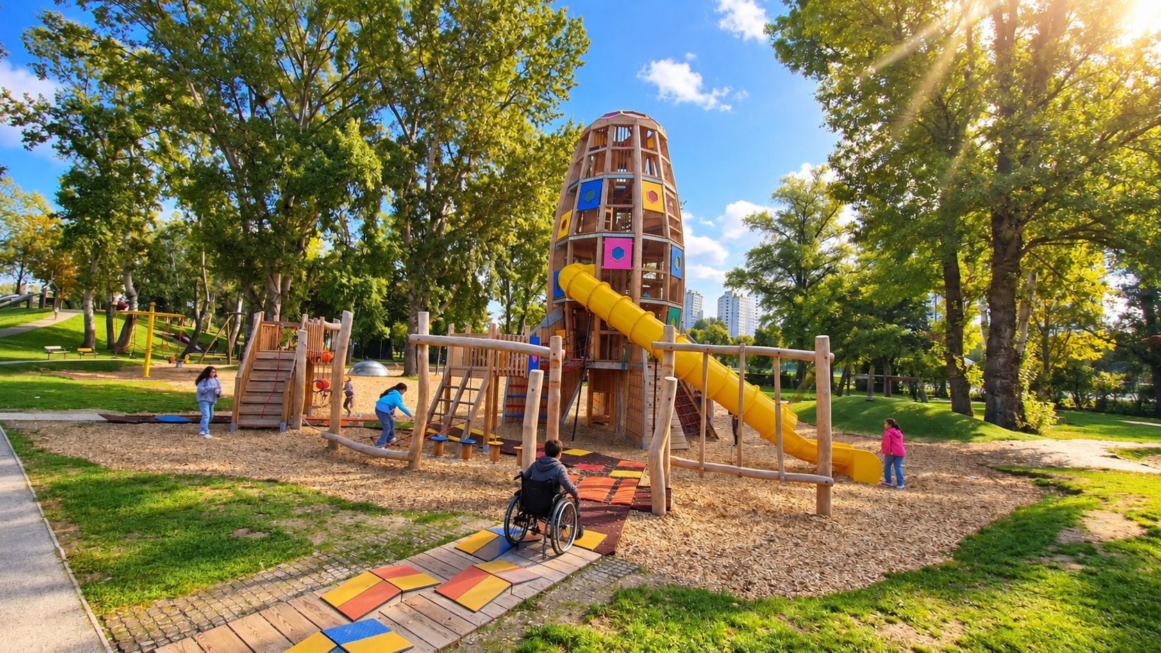 Spielplatz mit hohem Holz-Kletterturm, gelber Röhrenrutsche und bunten Trittflächen, davor ein Kind im Rollstuhl auf dem Zugangsweg