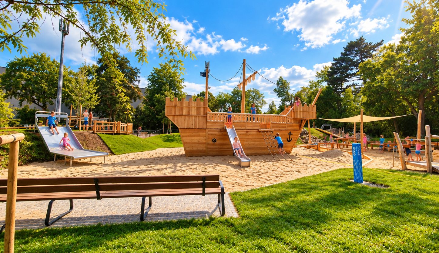 Großes Holz-Spielschiff mit Rutsche und Kletternetz auf einem Sandplatz, rundherum Kinder, Bänke und Bäume